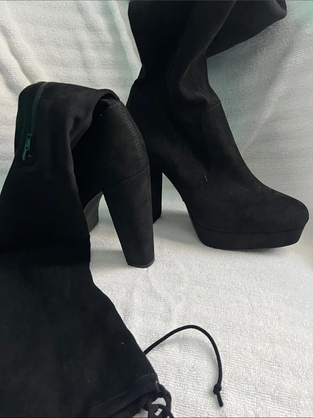 Shoe Dazzle Black Suede Over-the-Knee Heeled Boots with Tie Size 10